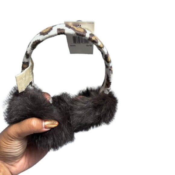 NWT Michael Kors Leopard Wool & Faux Rabbit Fur in Brown & Grey Earmuffs - Picture 4 of 6